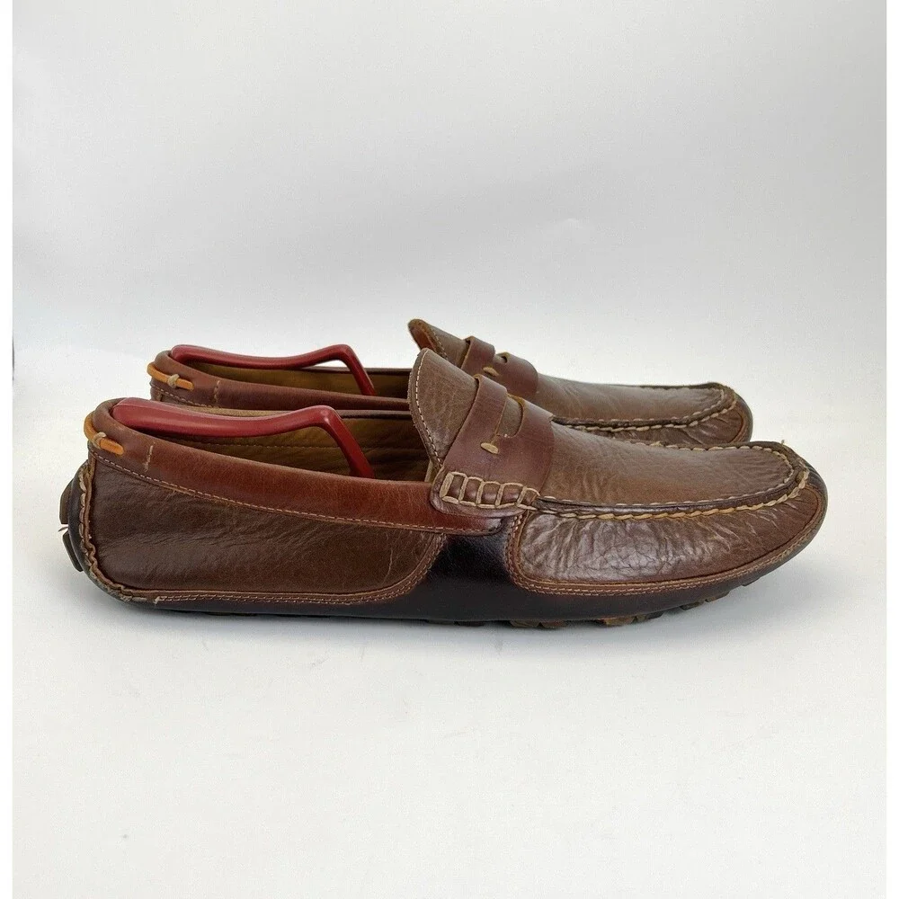 Trask Derek Brown Bison Leather Driving Shoes Penny Loafers Moccasins Mens 10.5
